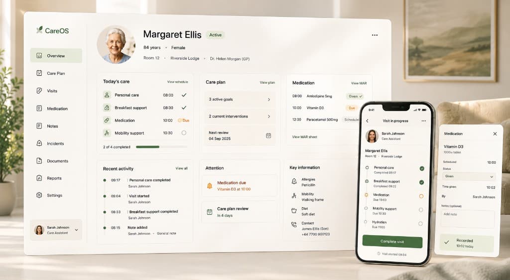 CareOS care day — person record, visit, and medication evidence